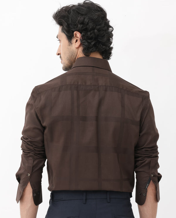 Rare Rabbit Men's Boxline-5 Brown Cotton Lyocell Fabric Full Sleeves Checks Shirt