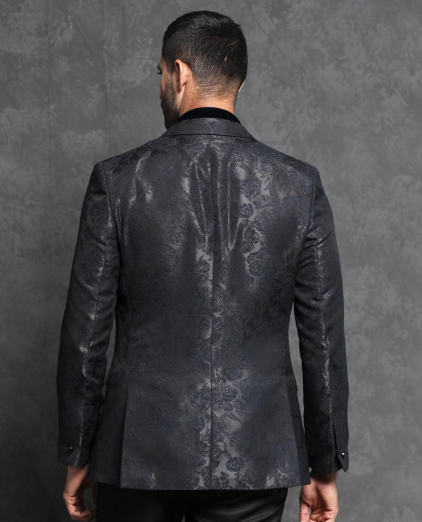 Rare Rabbit Men's Boxton Black Polyester Fabric Satin Peak Lapel Single Breasted Tailored Fit Floral Jacquard Blazer