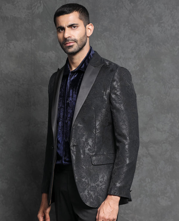 Rare Rabbit Men's Boxton Black Polyester Fabric Satin Peak Lapel Single Breasted Tailored Fit Floral Jacquard Blazer