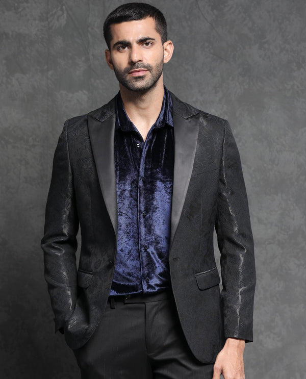 Rare Rabbit Men's Boxton Black Polyester Fabric Satin Peak Lapel Single Breasted Tailored Fit Floral Jacquard Blazer