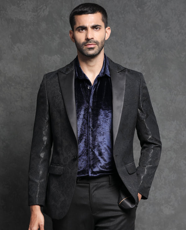 Rare Rabbit Men's Boxton Black Polyester Fabric Satin Peak Lapel Single Breasted Tailored Fit Floral Jacquard Blazer