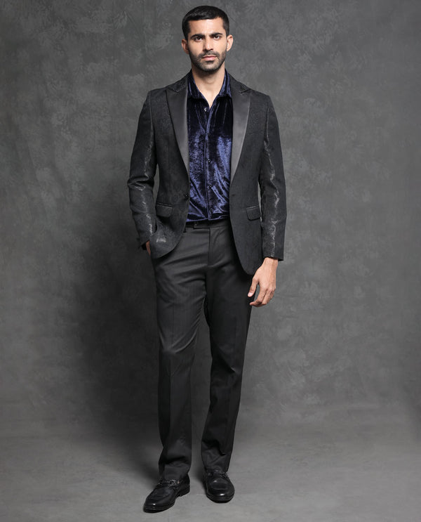 Rare Rabbit Men's Boxton Black Polyester Fabric Satin Peak Lapel Single Breasted Tailored Fit Floral Jacquard Blazer