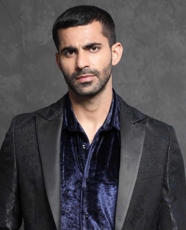Rare Rabbit Men's Boxton Black Polyester Fabric Satin Peak Lapel Single Breasted Tailored Fit Floral Jacquard Blazer