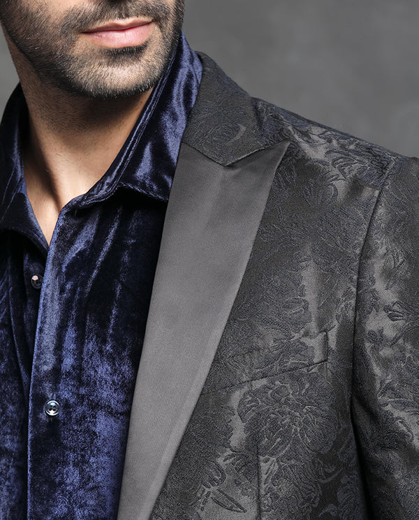 Rare Rabbit Men's Boxton Black Polyester Fabric Satin Peak Lapel Single Breasted Tailored Fit Floral Jacquard Blazer