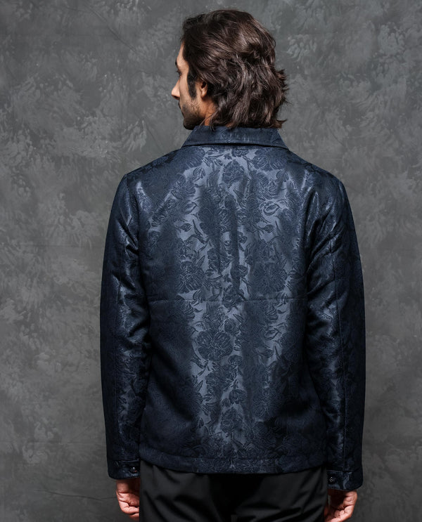 Rare Rabbit Men's Braga Dark Navy Broad Collar Printed Jacquard Jacket