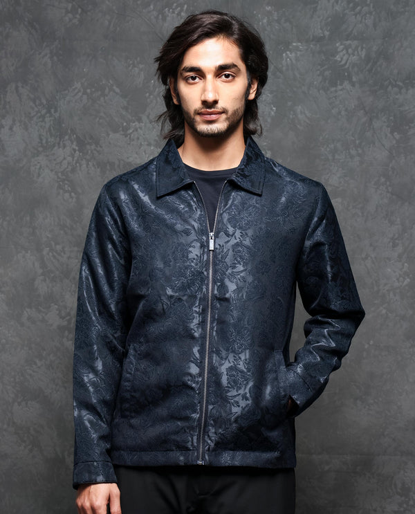 Rare Rabbit Men's Braga Dark Navy Broad Collar Printed Jacquard Jacket