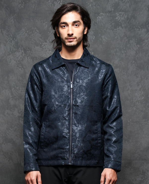 Rare Rabbit Men's Braga Dark Navy Broad Collar Printed Jacquard Jacket
