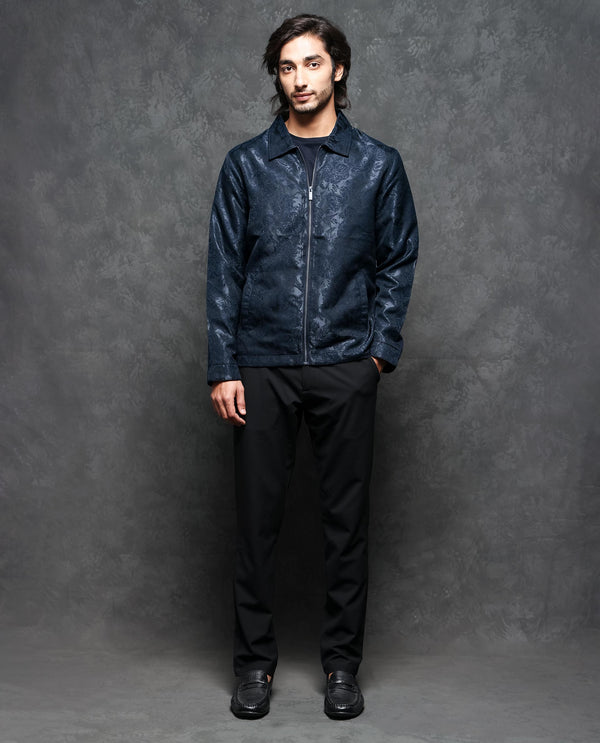 Rare Rabbit Men's Braga Dark Navy Broad Collar Printed Jacquard Jacket