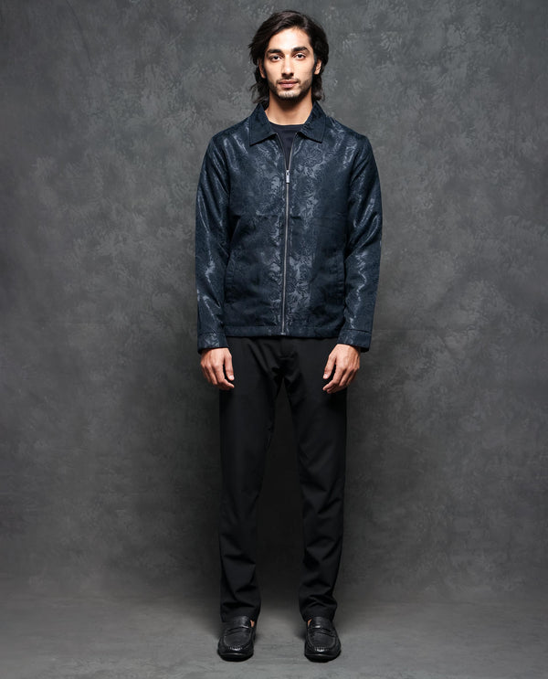 Rare Rabbit Men's Braga Dark Navy Broad Collar Printed Jacquard Jacket