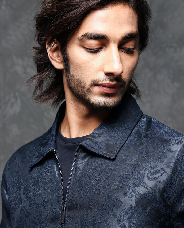 Rare Rabbit Men's Braga Dark Navy Broad Collar Printed Jacquard Jacket