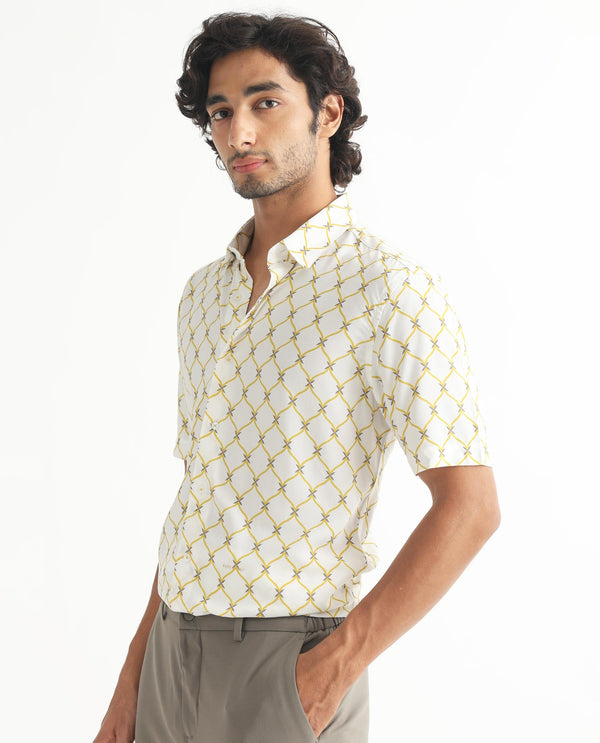 Rare Rabbit Men's Braga White Viscose Fabric Geometric Print Half Sleeves Shirt