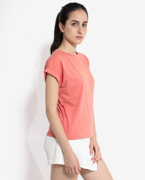 Rareism Women Brahe Light Orange Cotton Fabric Short Sleeves Crew Neck Boxy Fit Graphic Print T-Shirt