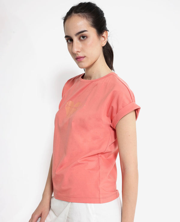 Rareism Women Brahe Light Orange Cotton Fabric Short Sleeves Crew Neck Boxy Fit Graphic Print T-Shirt