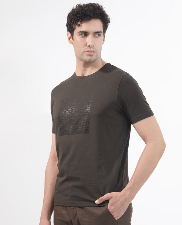 Rare Rabbit Mens Brandon Olive Short Sleeve Graphic Printed T-Shirt