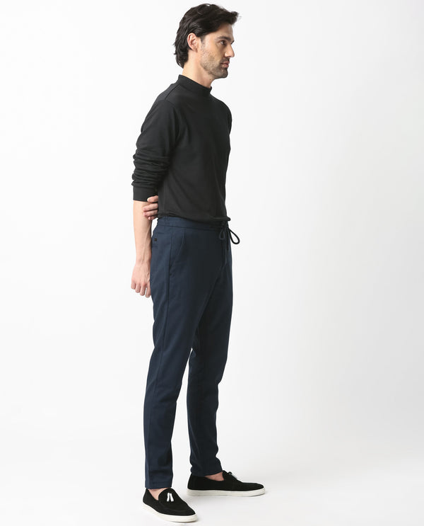 Rare Rabbit Men's Brandos Navy Solid Mid-Rise With Drawstring And Elastic Waistband Regular Fit Trouser
