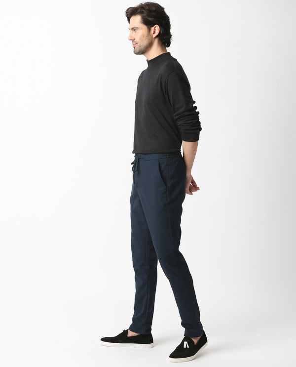 Rare Rabbit Men's Brandos Navy Solid Mid-Rise With Drawstring And Elastic Waistband Regular Fit Trouser