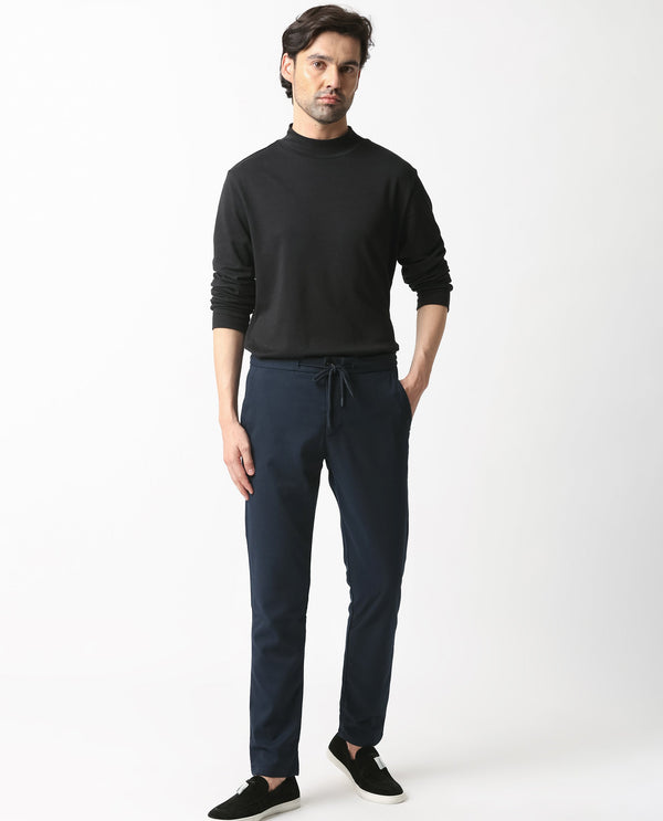 Rare Rabbit Men's Brandos Navy Solid Mid-Rise With Drawstring And Elastic Waistband Regular Fit Trouser