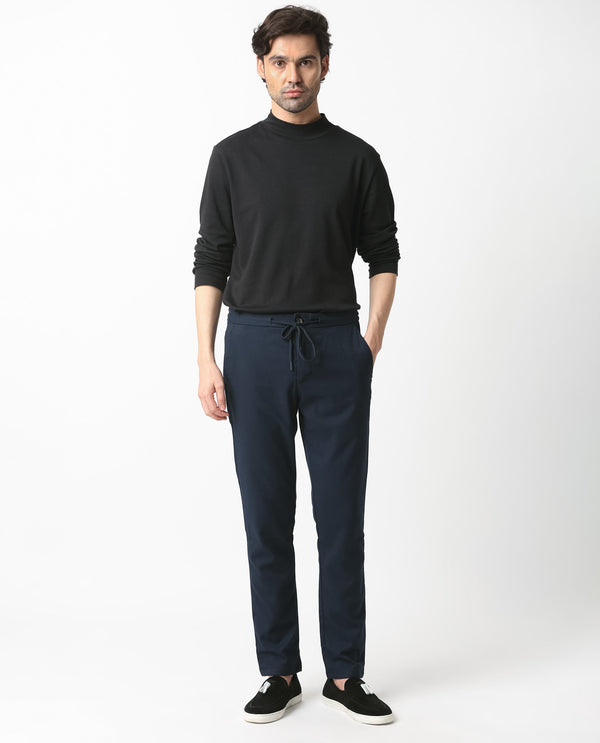 Rare Rabbit Men's Brandos Navy Solid Mid-Rise With Drawstring And Elastic Waistband Regular Fit Trouser