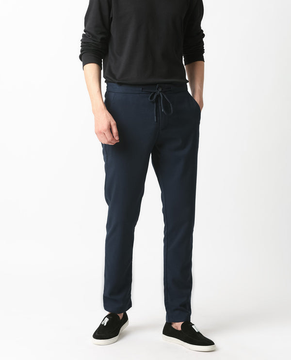 Rare Rabbit Men's Brandos Navy Solid Mid-Rise With Drawstring And Elastic Waistband Regular Fit Trouser