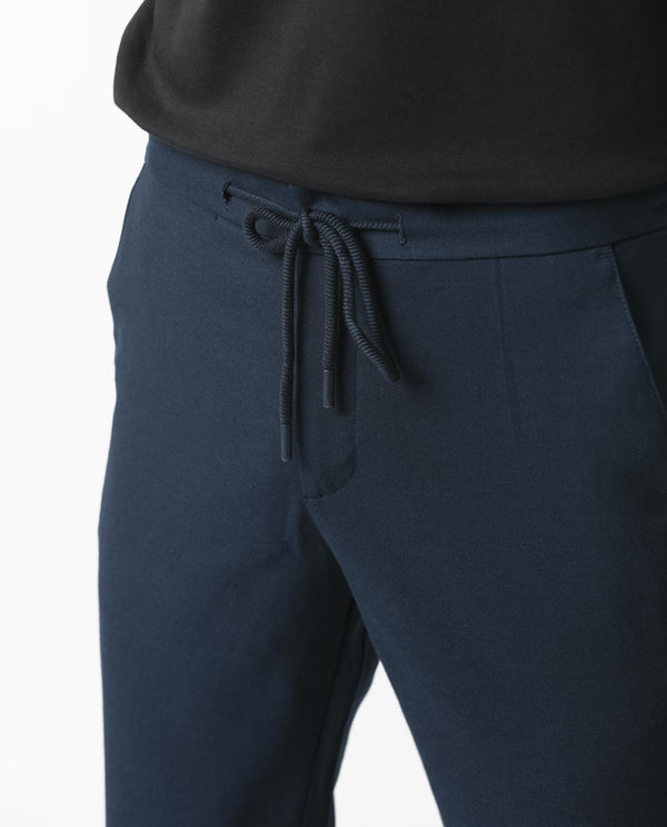 Rare Rabbit Men's Brandos Navy Solid Mid-Rise With Drawstring And Elastic Waistband Regular Fit Trouser