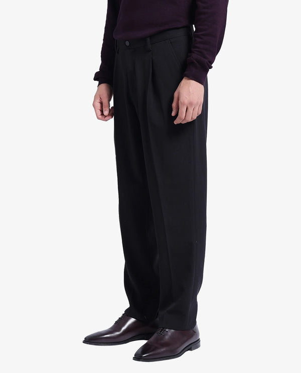 Rare Rabbit Men Branter Black Polyester Rayon Fabric Mid Rise Pleated Relaxed Fit Trouser