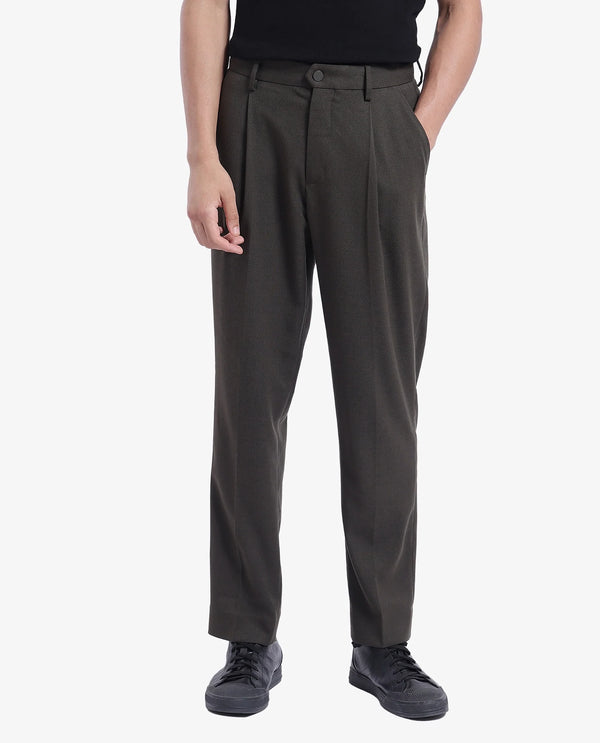 Rare Rabbit Men Branter Olive Polyester Rayon Fabric Mid Rise Pleated Relaxed Fit Trouser