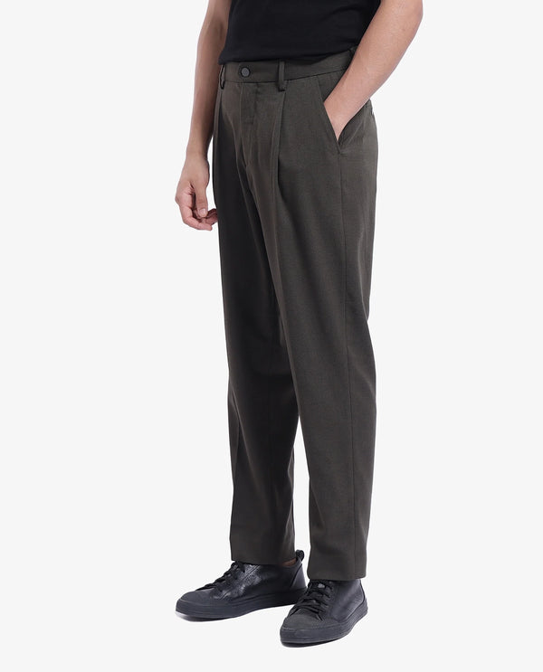 Rare Rabbit Men Branter Olive Polyester Rayon Fabric Mid Rise Pleated Relaxed Fit Trouser