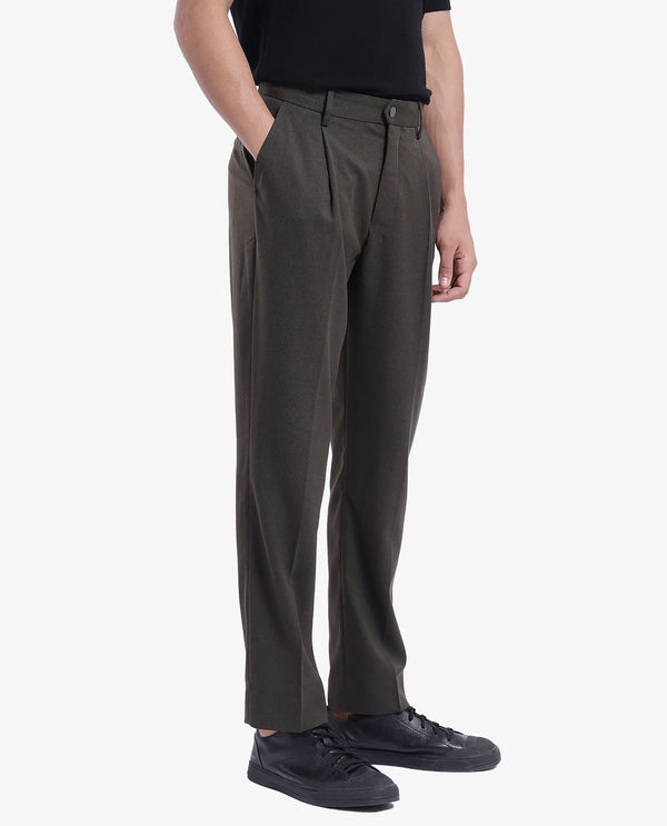 Rare Rabbit Men Branter Olive Polyester Rayon Fabric Mid Rise Pleated Relaxed Fit Trouser