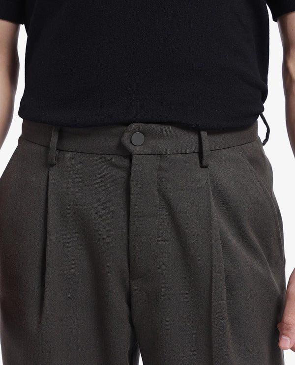 Rare Rabbit Men Branter Olive Polyester Rayon Fabric Mid Rise Pleated Relaxed Fit Trouser