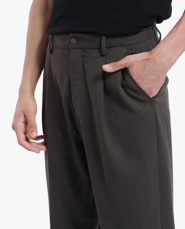 Rare Rabbit Men Branter Olive Polyester Rayon Fabric Mid Rise Pleated Relaxed Fit Trouser