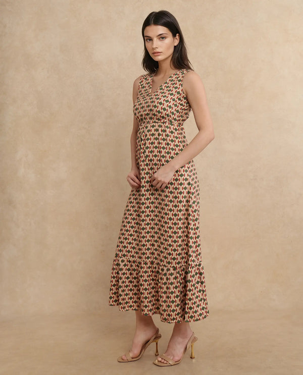 Rareism Women's Braytown Multi Viscose Fabric V-Neck  Sleeveless Geometric Print Fit And Flare Maxi Dress