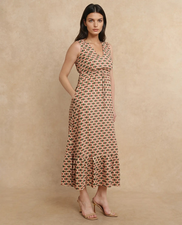 Rareism Women's Braytown Multi Viscose Fabric V-Neck  Sleeveless Geometric Print Fit And Flare Maxi Dress