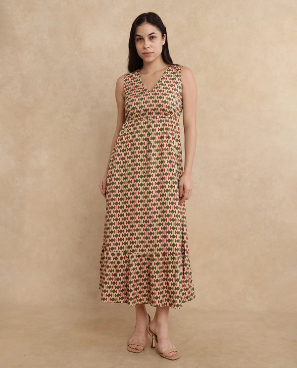 Rareism Women's Braytown Multi Viscose Fabric V-Neck  Sleeveless Geometric Print Fit And Flare Maxi Dress