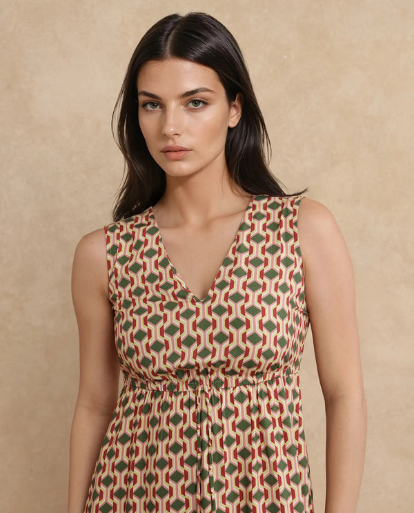 Rareism Women's Braytown Multi Viscose Fabric V-Neck  Sleeveless Geometric Print Fit And Flare Maxi Dress