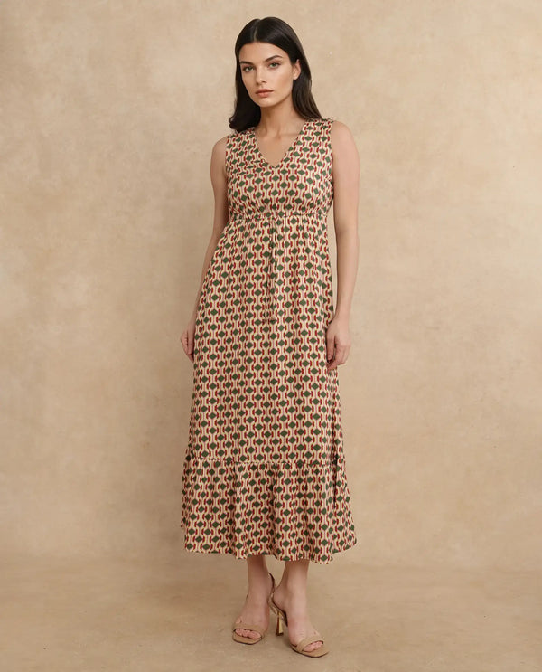 Rareism Women's Braytown Multi Viscose Fabric V-Neck  Sleeveless Geometric Print Fit And Flare Maxi Dress