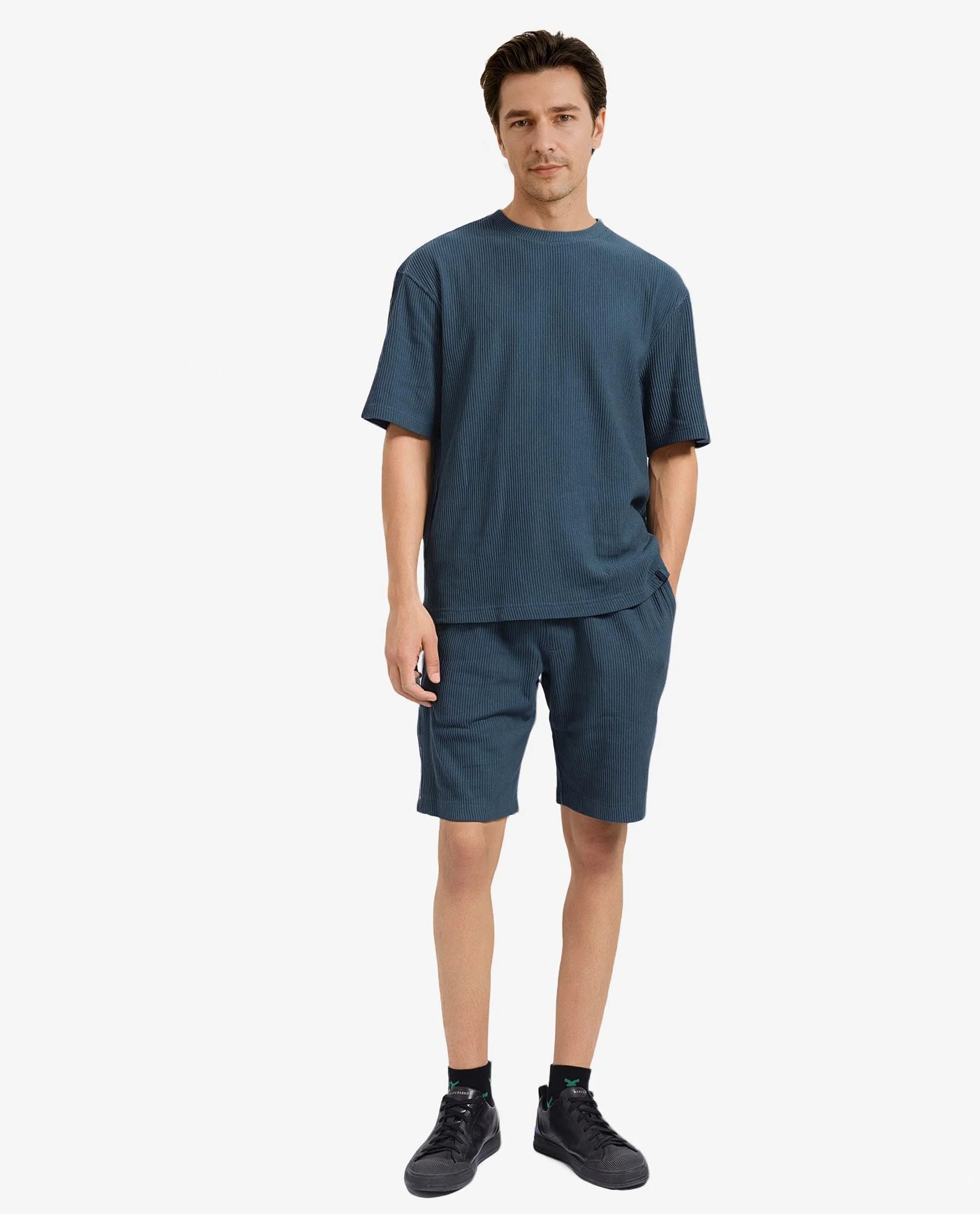 Rare Rabbit Men's Breet-1 Dark Green Cotton Blend Fabric Short Sleeve Crew Neck Oversized Fit Textured T-Shirt