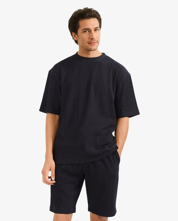 Rare Rabbit Men's Breet-1 Black Cotton Blend Fabric Short Sleeve Crew Neck Oversized Fit Textured T-Shirt