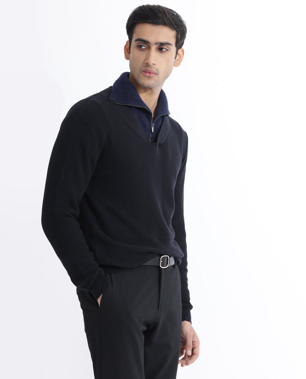 Rare Rabbit Mens Breeze Black Sweater Full Sleeve V-Neck Solid
