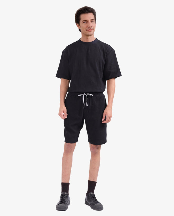 Rare Rabbit Men Breto-1 Black Cotton Polyester Lycra Ribbed Texture Shorts