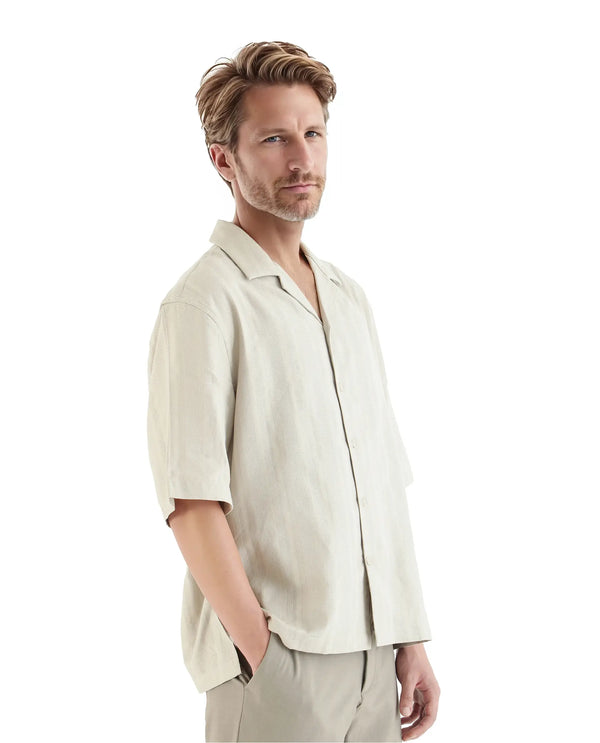 Rare Rabbit Men Brex Beige Viscose Blend Fabric Half Sleeve Cuban Collared Striped Shirt