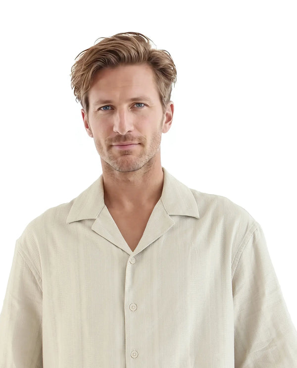 Rare Rabbit Men Brex Beige Viscose Blend Fabric Half Sleeve Cuban Collared Striped Shirt