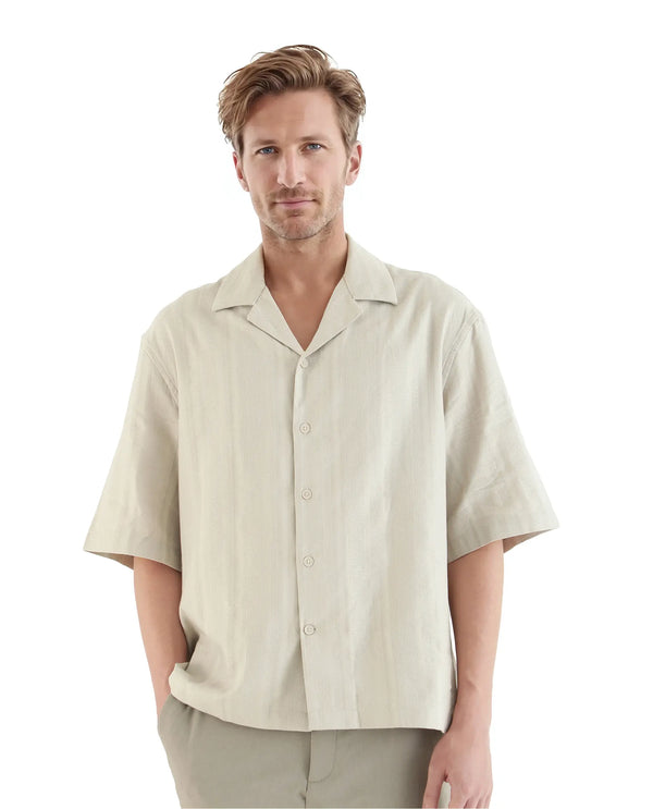 Rare Rabbit Men Brex Beige Viscose Blend Fabric Half Sleeve Cuban Collared Striped Shirt