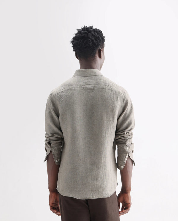 Rare Rabbit Men's Brickurt Brown Linen Fabric Full Sleeves Collared Neck Button Closure Plain Shirt