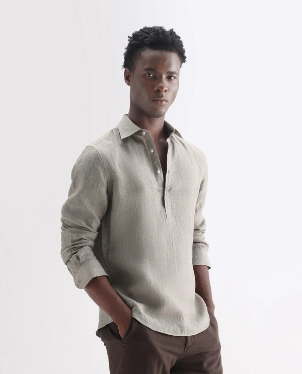 Rare Rabbit Men's Brickurt Brown Linen Fabric Full Sleeves Collared Neck Button Closure Plain Shirt