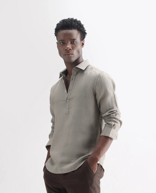 Rare Rabbit Men's Brickurt Brown Linen Fabric Full Sleeves Collared Neck Button Closure Plain Shirt