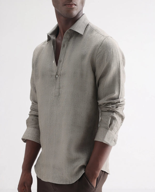 Rare Rabbit Men's Brickurt Brown Linen Fabric Full Sleeves Collared Neck Button Closure Plain Shirt