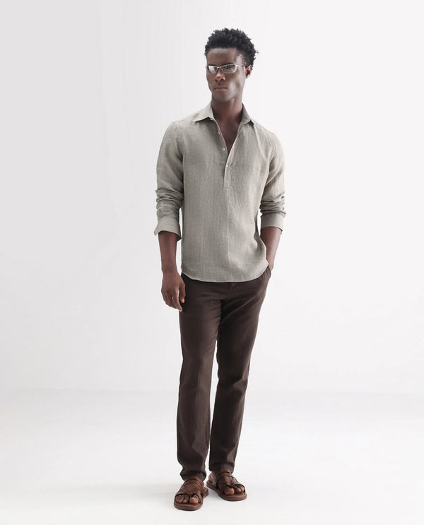 Rare Rabbit Men's Brickurt Brown Linen Fabric Full Sleeves Collared Neck Button Closure Plain Shirt