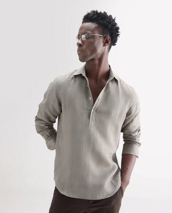 Rare Rabbit Men's Brickurt Brown Linen Fabric Full Sleeves Collared Neck Button Closure Plain Shirt