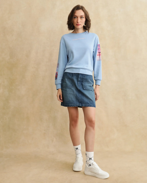 Rareism Women Briske Light Blue Cotton Blend Fabric Full Sleeve Crew Neck Relaxed Fit Graphic Print Sweatshirt