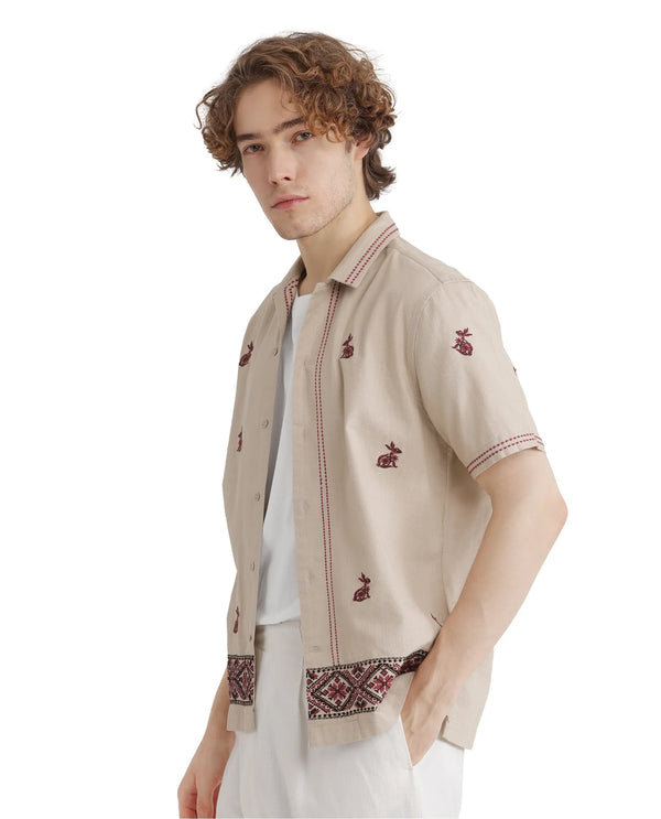 Rare Rabbit Men Bris Off White Cotton Fabric Plain Shirt